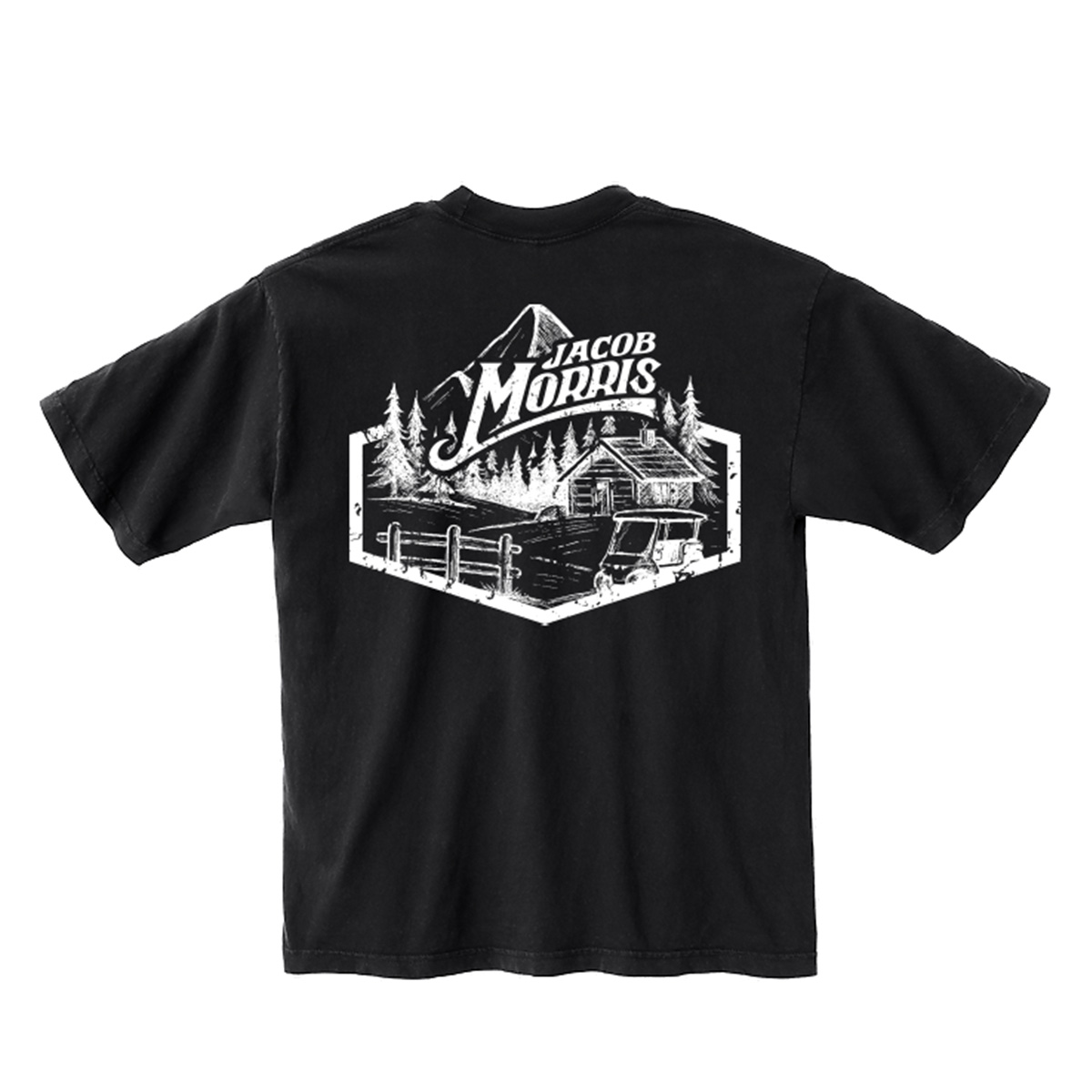 Jacob Morris Cabin Scene Tee - Black with mountain illustration